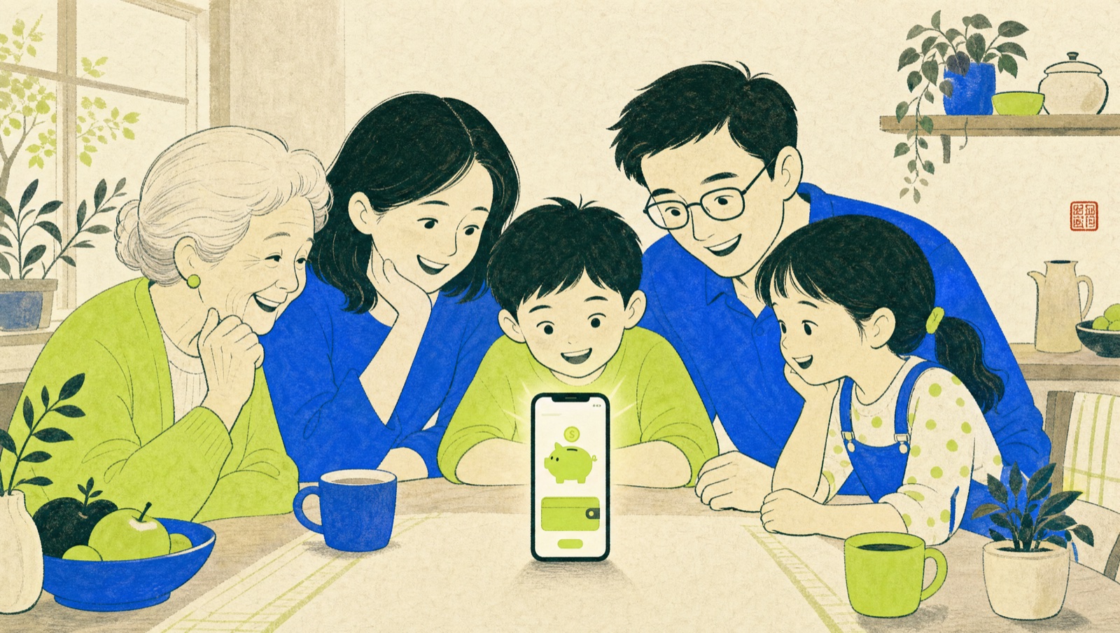 식탁에 모여 앉아 패밀리월렛 화면을 함께 보는 3대 가족 일러스트